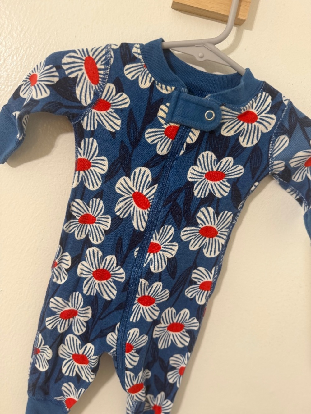 Hanna Andersson Blue Floral Zip Up Pajamas One Piece 0-3 Month Organic Cotton